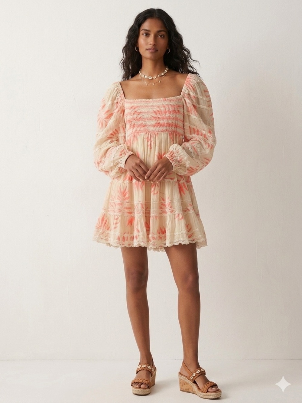 HEMANG & NANDITA Coral / Cream XS leaf Motif Boho Dream Smocked Mini Dress